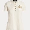 Kermanväriset naisten Ralph Lauren helmillä-Crest pikee poolopaidat Kermanväriset naisten Ralph Lauren helmillä-Crest pikee poolopaidat