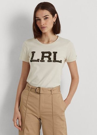 Kermanväriset naisten Ralph Lauren helmilogoiset jersey-t-paidat Kermanväriset naisten Ralph Lauren helmilogoiset jersey-t-paidat