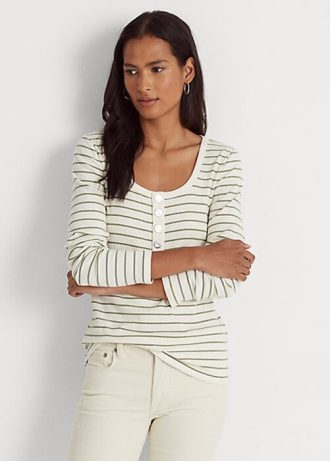 Kermanväriset naisten Ralph Lauren raidalliset puuvillasekoite Henley Topit Kermanväriset naisten Ralph Lauren raidalliset puuvillasekoite Henley Topit