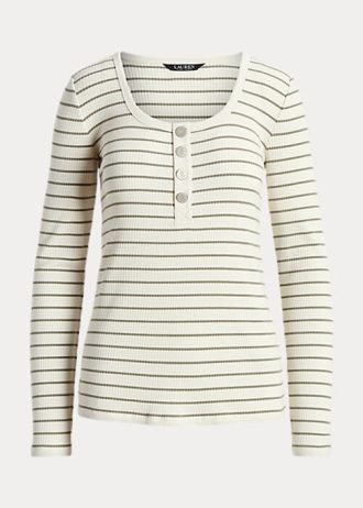 Kermanväriset naisten Ralph Lauren raidalliset puuvillasekoite Henley Topit Kermanväriset naisten Ralph Lauren raidalliset puuvillasekoite Henley Topit