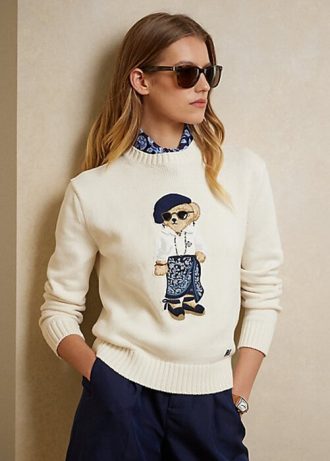 Kermanväriset naisten Ralph Lauren Sarong Bear Jersey -neulepuserot Kermanväriset naisten Ralph Lauren Sarong Bear Jersey -neulepuserot