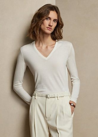 Kermanväriset naisten Ralph Lauren villaiset pitkähihaiset V-kaula-aukkoiset neuleet Kermanväriset naisten Ralph Lauren villaiset pitkähihaiset V-kaula-aukkoiset neuleet