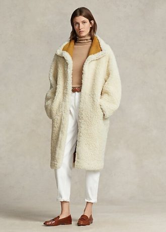 Kermanväriset naisten Ralph Lauren -ylikokoiset käännettävät shearling-takit
