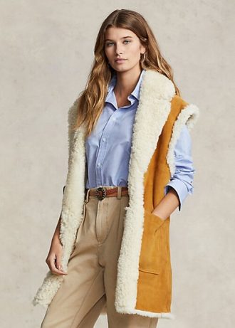 Khaki naisten Ralph Lauren käännettävä shearling-liivi Khaki naisten Ralph Lauren käännettävä shearling-liivi
