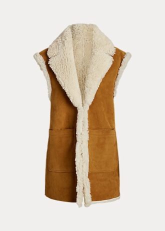 Khaki naisten Ralph Lauren käännettävä shearling-liivi Khaki naisten Ralph Lauren käännettävä shearling-liivi