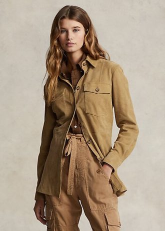 Khaki naisten Ralph Lauren Lambskin mokkanahka ylijäämäpaidat Khaki naisten Ralph Lauren Lambskin mokkanahka ylijäämäpaidat