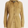 Khaki naisten Ralph Lauren Lambskin mokkanahka ylijäämäpaidat Khaki naisten Ralph Lauren Lambskin mokkanahka ylijäämäpaidat