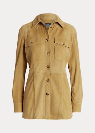 Khaki naisten Ralph Lauren Lambskin mokkanahka ylijäämäpaidat Khaki naisten Ralph Lauren Lambskin mokkanahka ylijäämäpaidat