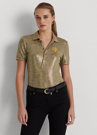 Kultaiset Naisten Ralph Lauren Foil Print Jersey poolopaidat Kultaiset Naisten Ralph Lauren Foil Print Jersey poolopaidat