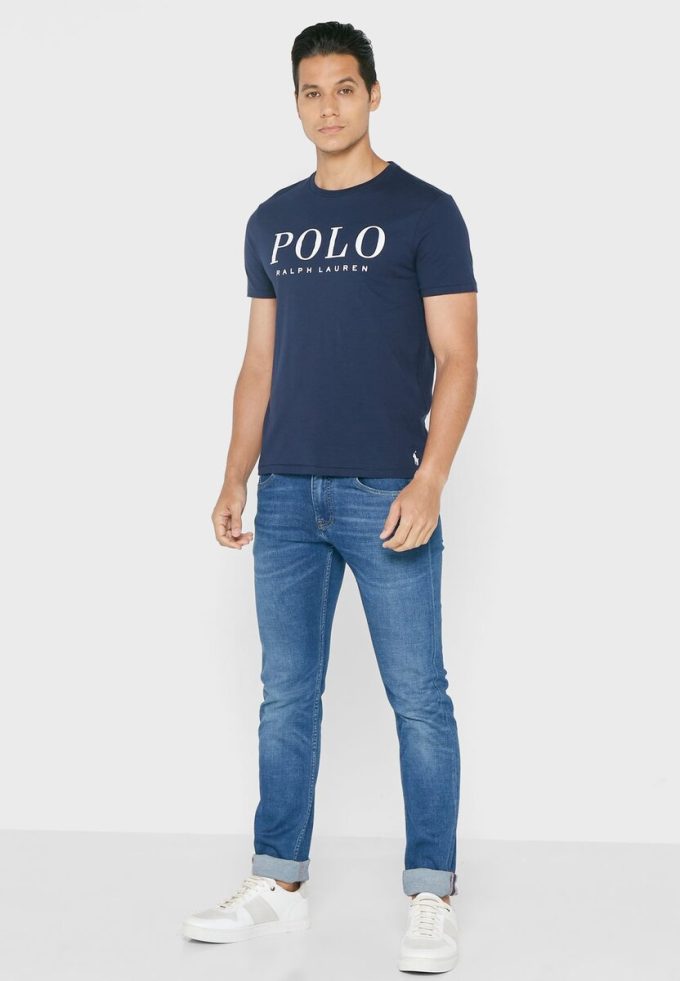 Laivasto miesten Ralph Lauren Logo Crew Neck T-paidat Laivasto miesten Ralph Lauren Logo Crew Neck T-paidat