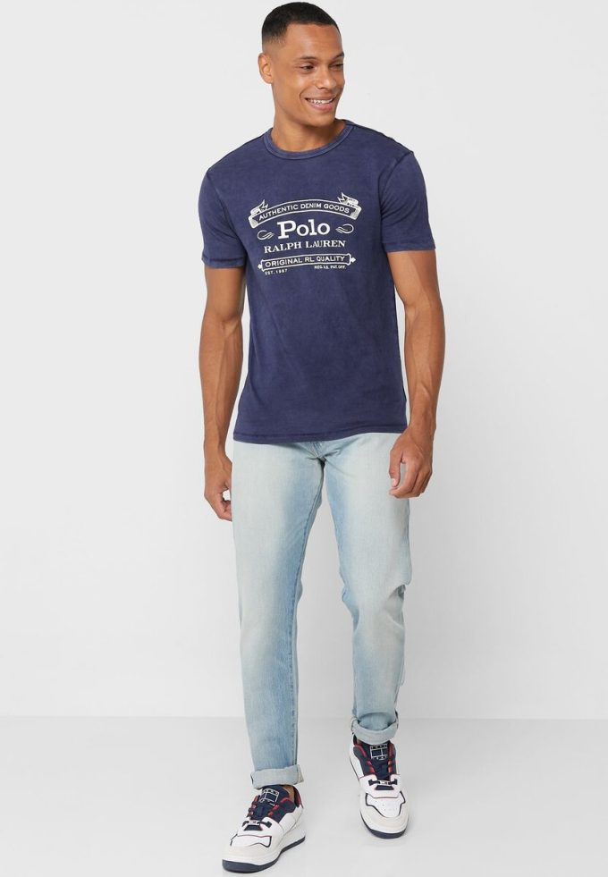 Laivasto miesten Ralph Lauren Logo Crew Neck T-paidat Laivasto miesten Ralph Lauren Logo Crew Neck T-paidat
