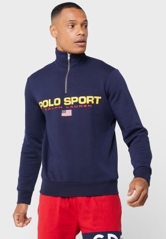 Laivastonsininen miesten Ralph Lauren -logoinen puolivetoketjullinen villapaita