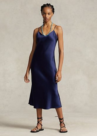 Laivastonsininen naisten Ralph Lauren Mulberry Silk Midi Slip -mekko