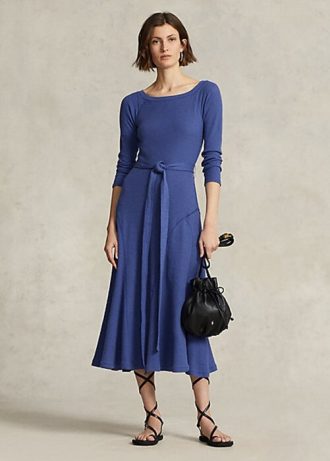 Laivastonsininen naisten Ralph Lauren -puuvillainen boatneck-midimekko Laivastonsininen naisten Ralph Lauren -puuvillainen boatneck-midimekko