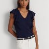 Laivastonsininen naisten Ralph Lauren Ruffle-reunus Rib-neule T-paidat