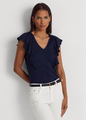 Laivastonsininen naisten Ralph Lauren Ruffle-reunus Rib-neule T-paidat Laivastonsininen naisten Ralph Lauren Ruffle-reunus Rib-neule T-paidat