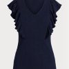 Laivastonsininen naisten Ralph Lauren Ruffle-reunus Rib-neule T-paidat