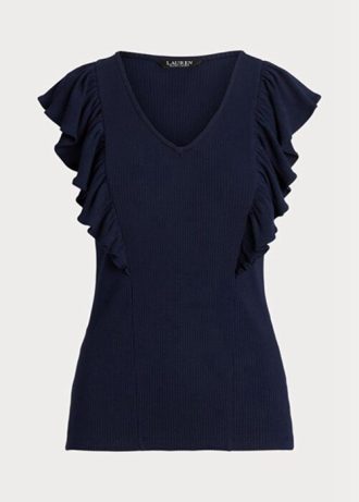 Laivastonsininen naisten Ralph Lauren Ruffle-reunus Rib-neule T-paidat Laivastonsininen naisten Ralph Lauren Ruffle-reunus Rib-neule T-paidat