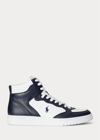 Laivastonsininen / valkoinen miesten Ralph Lauren Court -nahkaiset korkeat tennarit Laivastonsininen / valkoinen miesten Ralph Lauren Court -nahkaiset korkeat tennarit