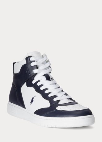 Laivastonsininen / valkoinen miesten Ralph Lauren Court -nahkaiset korkeat tennarit Laivastonsininen / valkoinen miesten Ralph Lauren Court -nahkaiset korkeat tennarit