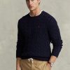 Laivastonsiniset miesten Ralph Lauren kaapelineulotut puuvillaiset neulepuserot Laivastonsiniset miesten Ralph Lauren kaapelineulotut puuvillaiset neulepuserot