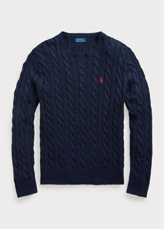Laivastonsiniset miesten Ralph Lauren kaapelineulotut puuvillaiset neulepuserot Laivastonsiniset miesten Ralph Lauren kaapelineulotut puuvillaiset neulepuserot