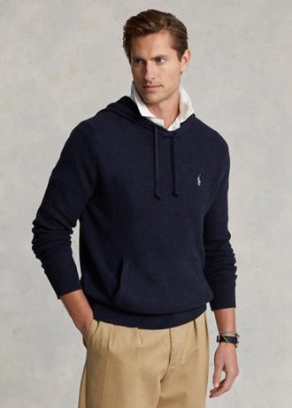 Laivastonsiniset miesten Ralph Lauren -kuvioidut puuvillahupulliset neulepuserot Laivastonsiniset miesten Ralph Lauren -kuvioidut puuvillahupulliset neulepuserot