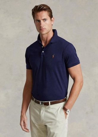 Laivastonsiniset miesten Ralph Lauren mukautetut Slim Fit pehmeät puuvillaiset poolopaidat Laivastonsiniset miesten Ralph Lauren mukautetut Slim Fit pehmeät puuvillaiset poolopaidat