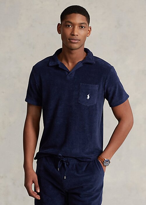 Laivastonsiniset miesten Ralph Lauren mukautetut Slim Fit Terry poolopaidat Laivastonsiniset miesten Ralph Lauren mukautetut Slim Fit Terry poolopaidat