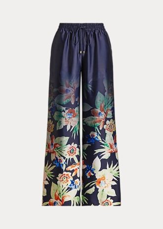 Laivastonsiniset naisten Ralph Lauren kukkaiset Charmeuse leveälahkeiset housut