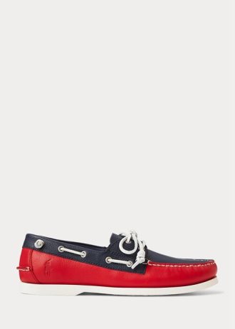 Laivastonsiniset/punaiset miesten Ralph Lauren Mertonin kaksiväriset nahkaiset vapaa-ajan kengät Laivastonsiniset/punaiset miesten Ralph Lauren Mertonin kaksiväriset nahkaiset vapaa-ajan kengät