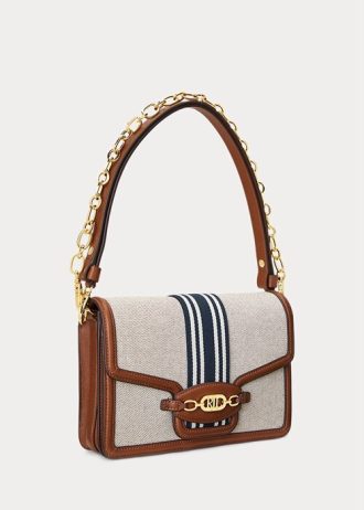 Lauren Tan /Navy Naisten Ralph Lauren Raidallinen Canvas Medium Käsilaukku