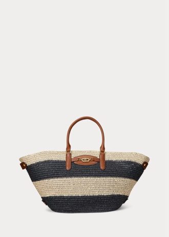 Luonnollinen/musta/laurenruskea naisten Ralph Lauren -raidallinen olki, keskikokoiset Daphney-kassit