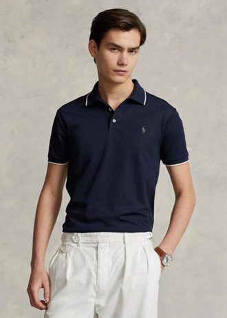 Miesten laivastonruskeat Ralph Lauren mukautetut Slim Fit Birdseye poolopaidat Miesten laivastonruskeat Ralph Lauren mukautetut Slim Fit Birdseye poolopaidat