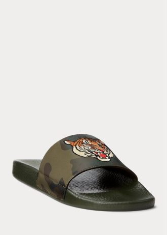 Miesten oliivi Ralph Lauren Tiger Camo -nahkaiset tossut