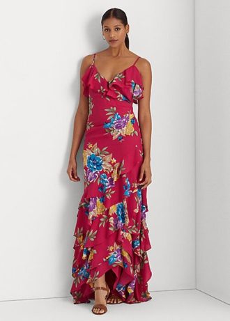 Monivärinen naisten Ralph Lauren kukka Georgette-kerrospukumekko