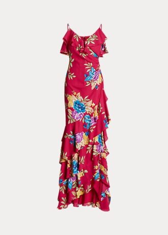 Monivärinen naisten Ralph Lauren kukka Georgette-kerrospukumekko