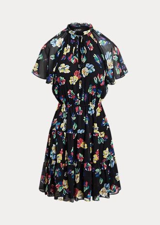 Monivärinen naisten Ralph Lauren kukkainen ryppyinen Georgette-mekko