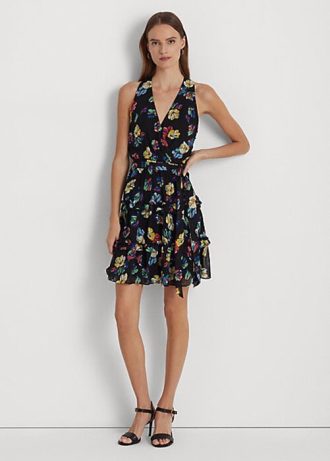 Monivärinen naisten Ralph Lauren kukkainen ryppyinen Georgette Surplice -mekko