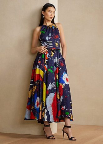 Monivärinen naisten Ralph Lauren Renshaw Print Cotton Satin -päivämekko