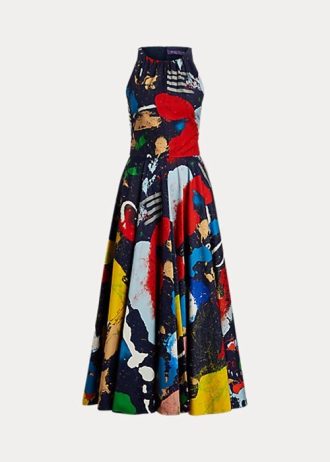 Monivärinen naisten Ralph Lauren Renshaw Print Cotton Satin -päivämekko