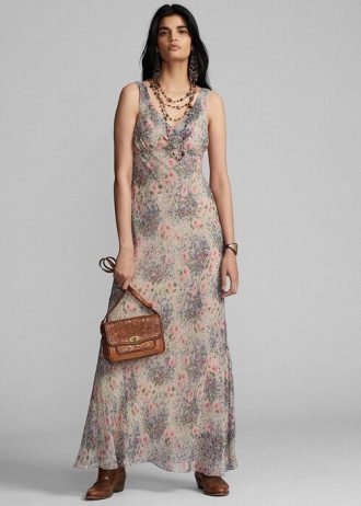 Monivärinen / ruskea naisten Ralph Lauren kukkainen ryppyinen silkkisifonkimekko
