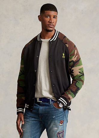 Moniväriset miesten Ralph Lauren Camo-hihaiset fleece-pesäpallotakit Moniväriset miesten Ralph Lauren Camo-hihaiset fleece-pesäpallotakit