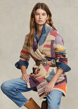 Moniväriset naisten Ralph Lauren Geo-Motif -huivi pellavasekoituspuserot Moniväriset naisten Ralph Lauren Geo-Motif -huivi pellavasekoituspuserot