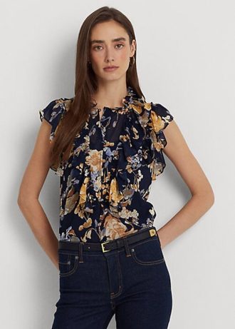 Moniväriset naisten Ralph Lauren kukkaiset Georgette-hihattomat paidat Moniväriset naisten Ralph Lauren kukkaiset Georgette-hihattomat paidat