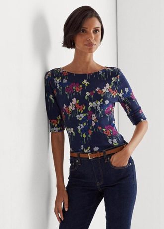 Moniväriset naisten Ralph Lauren kukkaiset Stretch Cotton boatneck T-paidat
