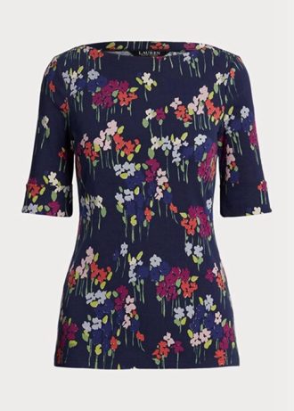 Moniväriset naisten Ralph Lauren kukkaiset Stretch Cotton boatneck T-paidat