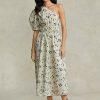 Musta/beige naisten Ralph Lauren kukkainen epäsymmetrinen rypytetty popliinimekko Musta/beige naisten Ralph Lauren kukkainen epäsymmetrinen rypytetty popliinimekko