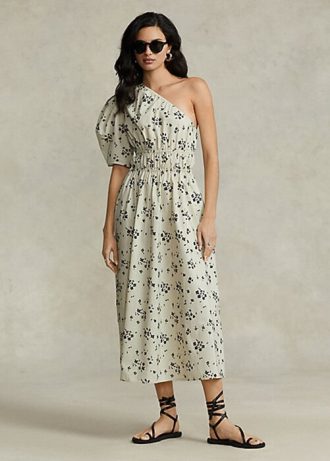 Musta/beige naisten Ralph Lauren kukkainen epäsymmetrinen rypytetty popliinimekko