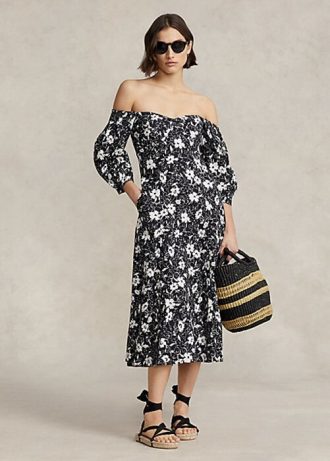 Musta/kermanvärinen naisten Ralph Lauren kukkainen pellavamekko